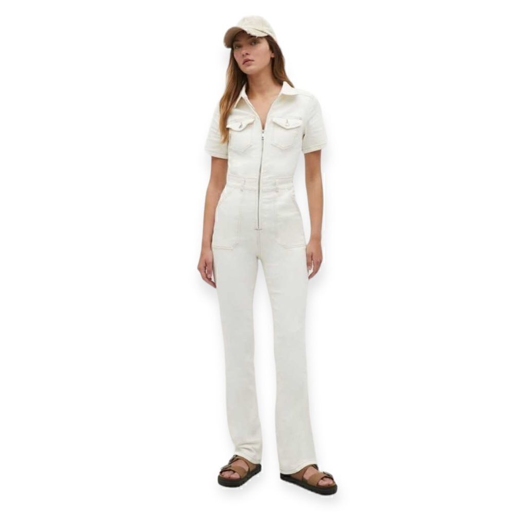 Stradivarius White Denim Utility Jumpsuit Size L NWT Zip Front Wide Leg One Piec - Picture 4 of 11